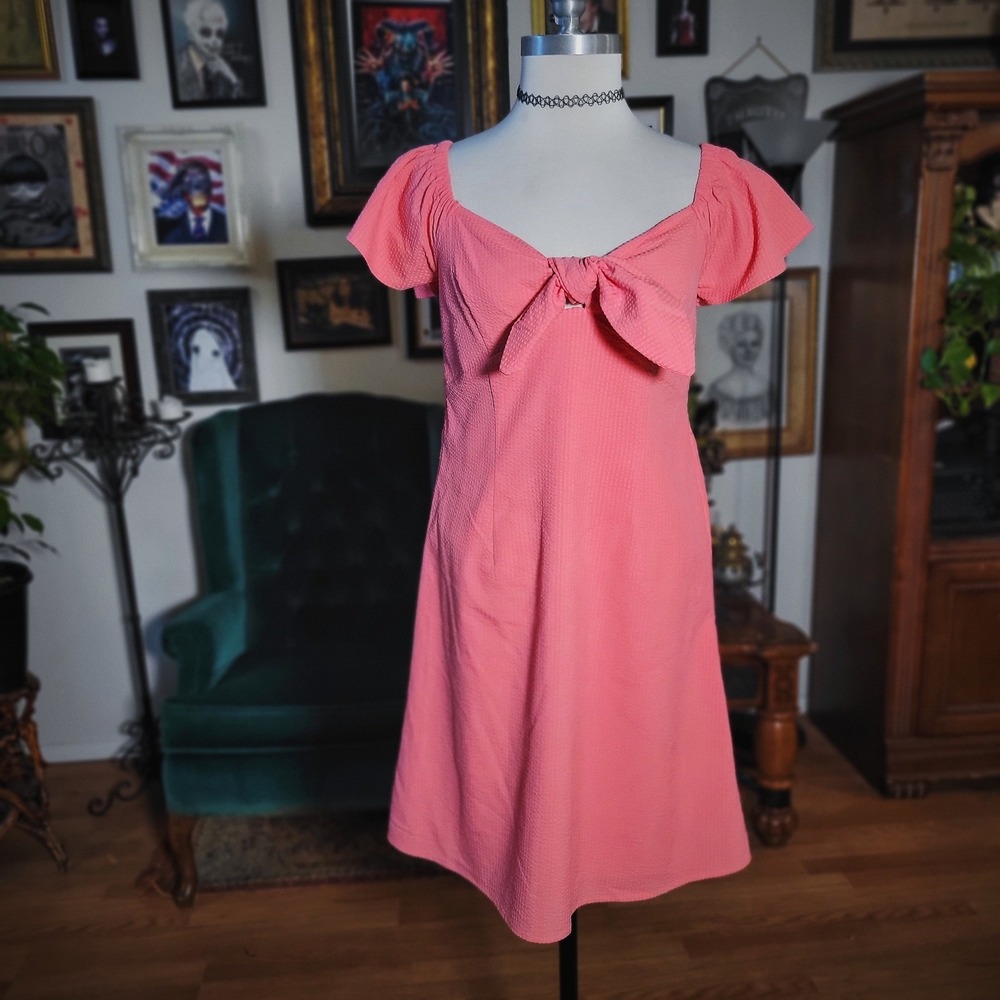 Nine West Dress Pink Tie Front Puff Sleeve Fit Flare Summer Sun Coral Womens 4